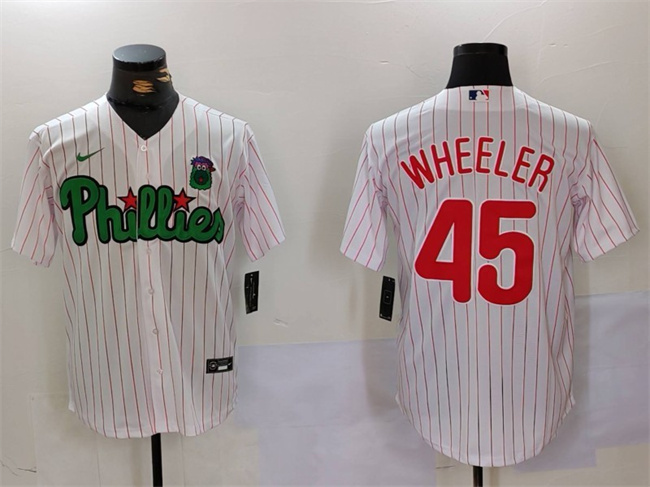 Men's Philadelphia Phillies #45 Zack Wheeler White/Green Cool Base Stitched Jersey